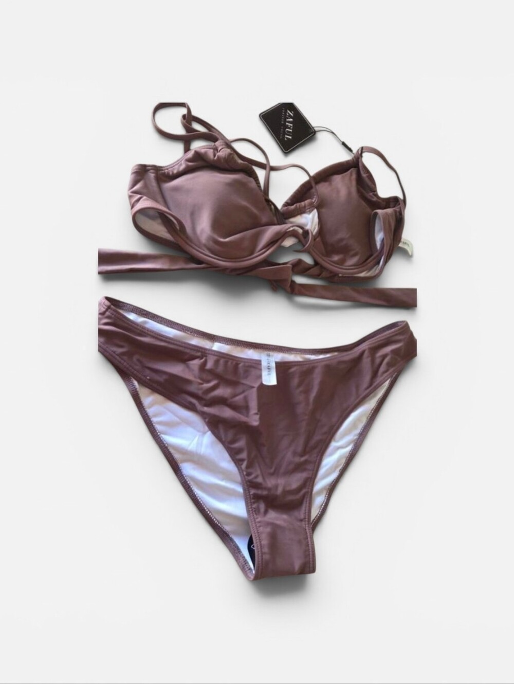 ZAFUL Women's 2-Piece Brown Solid Bikini Set Adjustable Halter Straps Size L